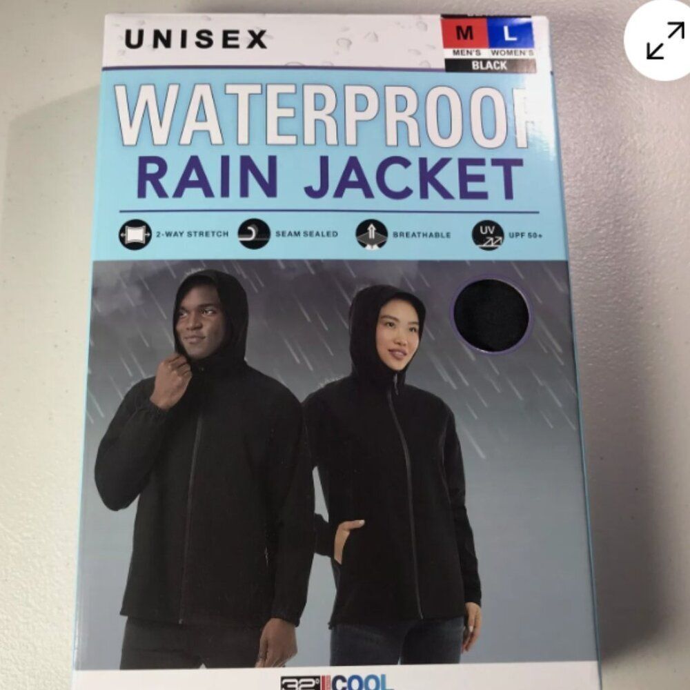 32 Degrees Cool Unisex UPF 50+ Waterproof Rain Jacket, Black Men's M/Ladies L